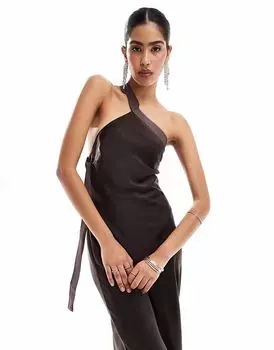 Платье макси на одно плечо с бретелькой из репсовой ленты ASOS DESIGN шоколадно-коричневого цвета