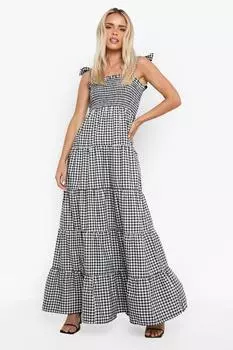 Платье макси на плечах Petite в клетку с помпонами boohoo, черный