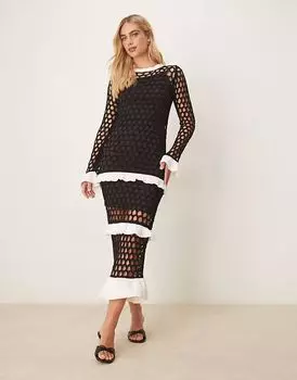 Платье макси Never Fully Dressed с оборками, связанное крючком, в черном и белом цвете