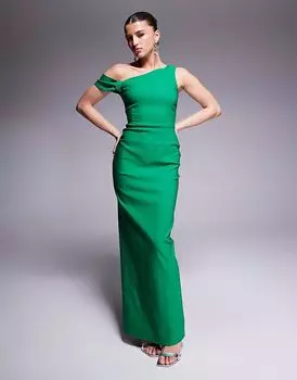 Платье макси-облегающее на одно плечо Vesper bengaline с узлом в изумрудном цвете