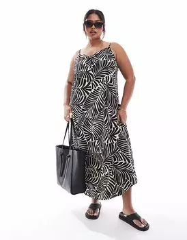 Платье макси ONLY Curve на бретелях с черным пальмовым принтом