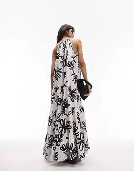 Платье макси оверсайз из ярусного поплина Topshop с крупными ромашками