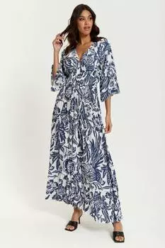 Платье макси оверсайз с V-образным вырезом и детальной отделкой HOXTON GAL, темно-синий