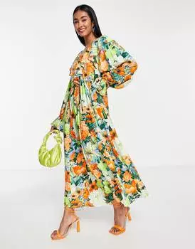 Платье макси оверсайз с v-образным вырезом и рюшами ASOS EDITION с неоновым цветочным принтом ASOS EDITION