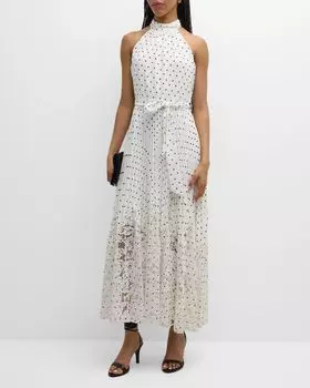 Платье макси Penelope в горошек с лямкой на бретельках Elie Tahari, цвет Black Dot White Ground W/White Lace