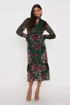 Платье макси Petite Devore с высоким воротником и вырезом в виде замочной скважины Oasis, зеленый