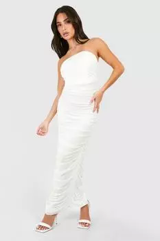 Платье макси Petite Mesh Bandeau со сборками boohoo, белый
