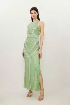 Платье макси премиум-класса с отделкой бисером и украшением из тканого материала с вырезом халтер Karen Millen, зеленый