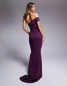 Платье макси премиум-класса с открытыми плечами и складками поперек тела в цвете сливы ASOS DESIGN