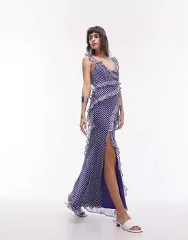 Платье макси премиум-класса с рюшами Topshop в полоску цвета слоновой кости