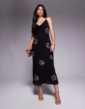Платье макси River Island с пайетками и воротником-хомутиком черного цвета