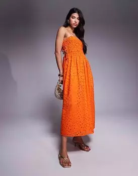 Платье-макси River Island в стиле бэби-долл с вышивкой оранжевого цвета