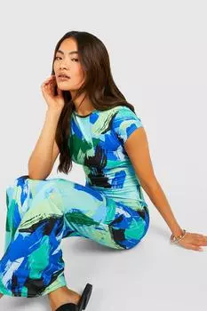 Платье макси с абстрактным накидком и рукавами Boohoo, синий