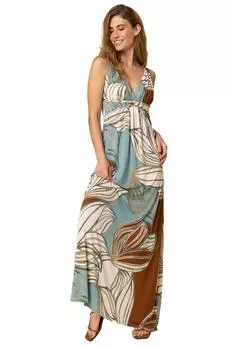 Платье макси с абстрактным принтом листьев и V-образным вырезом Roman, синий