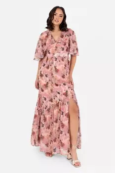 Платье макси с асимметричным швом и рукавами накидкой Lovedrobe, красный