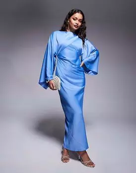 Платье макси с атласным кроем «летучая мышь» ASOS DESIGN Petite, с запахом спереди, темно-синего цвета ASOS Petite