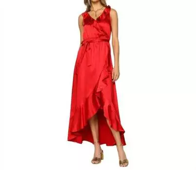 Платье макси с атласными оборками, красное SKIES ARE BLUE
