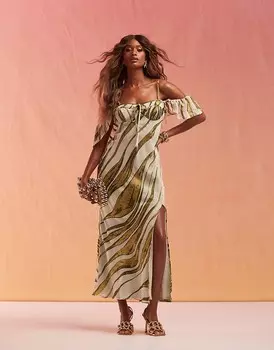 Платье макси с бретельками, чашками и рукавами с рюшами ASOS DESIGN Devore в зеленую полоску