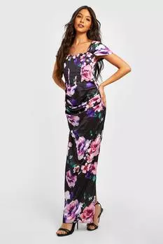 Платье макси с цветочным атласом и корсетом Boohoo, черный