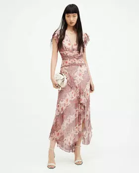 Платье макси с цветочным принтом Brea AllSaints, глина розовая