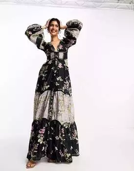 Платье макси с цветочным принтом и цветочными блоками ASOS