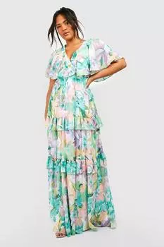 Платье макси с цветочным принтом и рукавами ангела Boohoo, зеленый