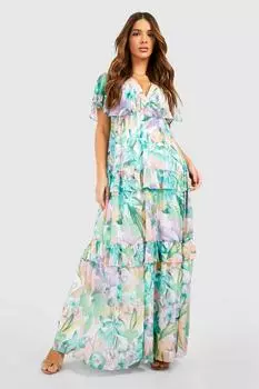 Платье макси с цветочным принтом и рукавами ангела Boohoo, зеленый