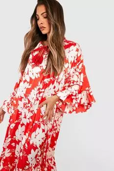 Платье макси с цветочным принтом и деталями с рюшами Boohoo, красный