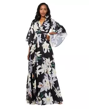 Платье макси с цветочным принтом и рукавами ангела и запахом спереди KRISP, черный