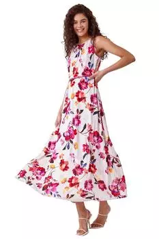 Платье макси с цветочным принтом и поясом Roman, мультиколор