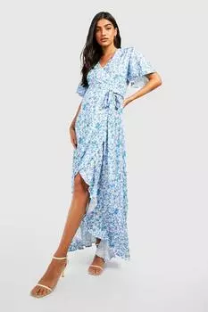 Платье макси с цветочным принтом и рюшами для беременных boohoo, синий