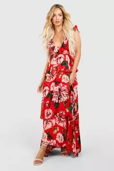 Платье макси с цветочным принтом и оборками boohoo, красный