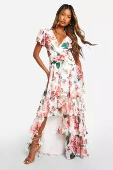 Платье макси с цветочным принтом и рюшами boohoo, белый