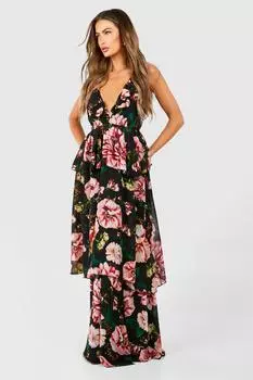 Платье макси с цветочным принтом и оборками boohoo, черный