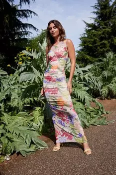 Платье макси с цветочным принтом и сборками из сетки Kew Collection Next, розовый