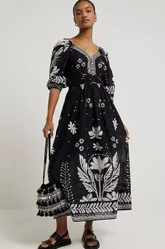 Платье макси с цветочным принтом и рукавами фонариками River Island, черный