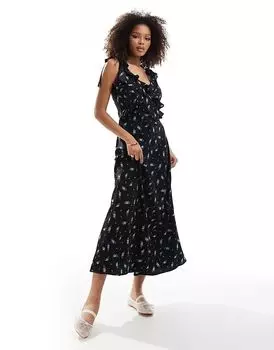 Платье макси с цветочным принтом и завязкой черного цвета Brave Soul