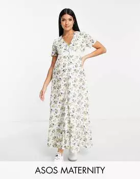 Платье макси с цветочным принтом и кружевной вставкой на пуговицах ASOS DESIGN Maternity