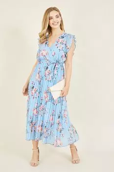 Платье макси с цветочным принтом и рюшами Yumi, синий