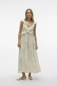 Платье макси с цветочным принтом рюшами и завязкой сзади Vero Moda, бежевый
