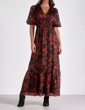 Платье макси с цветочным V-образным вырезом в красном цветочном узоре ELAN