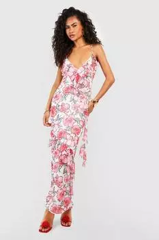 Платье макси с цветочными рюшами Boohoo, розовый