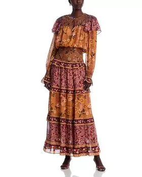 Платье макси с длинным рукавом и сборкой FARM Rio, коричневый