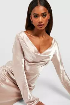 Платье макси с длинными рукавами для подруги невесты Boohoo, шампанское