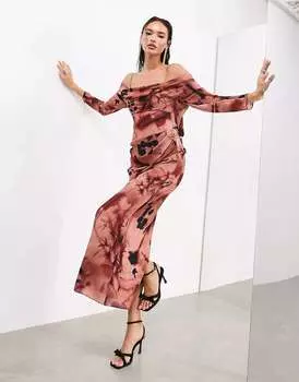 Платье макси с длинными рукавами и драпировкой ASOS с розовым цветочным принтом