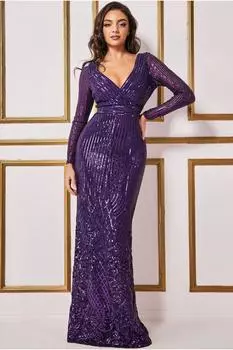 Платье макси с длинными рукавами и пайетками, V-образным запахом и запахом Goddiva, фиолетовый