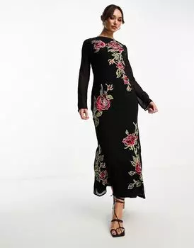 Платье макси с длинными рукавами и красной цветочной вышивкой ASOS DESIGN