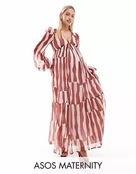 Платье макси с длинными рукавами и V-образным вырезом ASOS DESIGN для беременных с абстрактным принтом цвета ржавчины ASOS Maternity