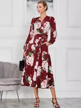 Платье макси с длинными рукавами и цветочным принтом Jolie Moi Kamille, темно-красный/мульти