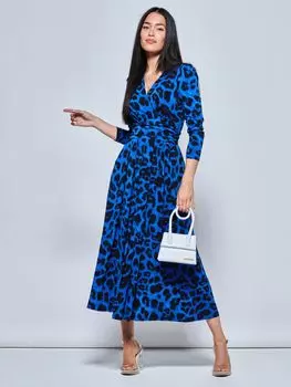 Платье макси с длинными рукавами и животным принтом Jolie Moi, синее